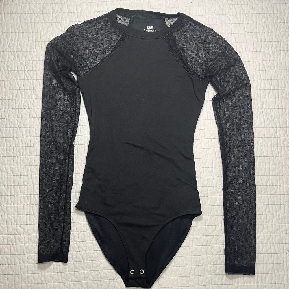 Good American Women’s Black Sheer Long Sleeve Swiss Dot BodySuit Crew Neck, Sz 0